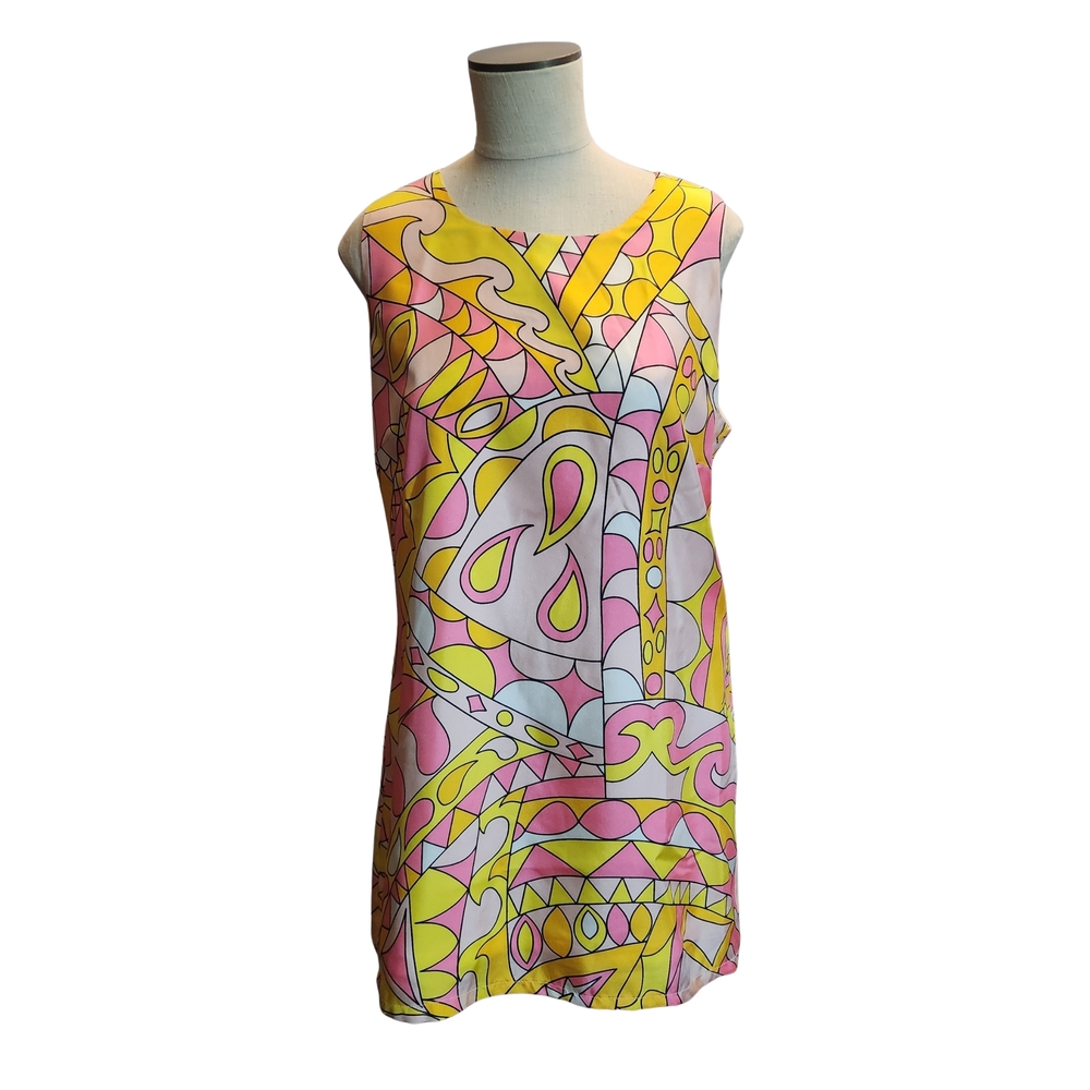 JB by Julie Brown Yellow Pink And Creme 70s Vibe Silk Dress Sz 10